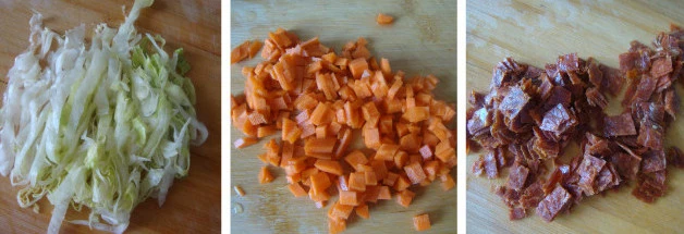 跨国混搭:意大利香肠薄饼卷,意大利香肠片、胡萝卜切小粒,西生菜切丝