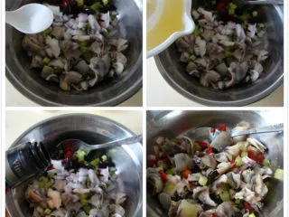 意式海螺沙拉,蔬菜里放入海螺片中，加盐、黑橄榄、柠檬汁、红酒醋拌匀即可