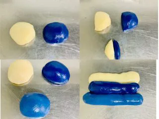 青花瓷冰皮月饼,将两个面团分别揉成，这样光滑细腻，耐心一些一定会揉道这样的状态，这一步关系到后面饼皮是否好吃😋 分别在白色和蓝色的面团上取下78克，将白蓝两色面团，再次揉搓均匀，你就会得到3个面团。 最后把三个面团放在一起揉成长条。