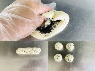 Q弹麻糬面包,取一个面剂加入黑芝麻，耐心揉搓均匀，平均分成四份，双手对搓揉圆，大概30克左右一个。