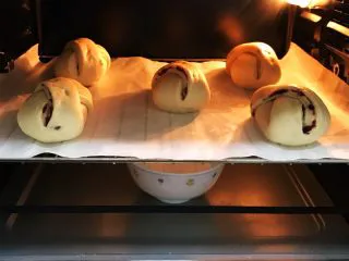 牛奶炼乳蔓越莓软欧,把面团放入烤箱内进行二发,开启烤箱发酵功能,可设定发酵温度35度,在烤箱下层放碗温水增加湿度。