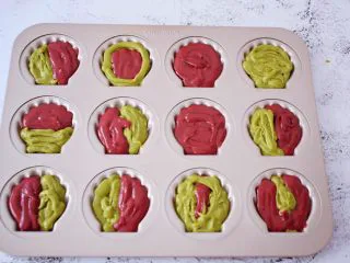 双色玛德琳蛋糕,一小时后取出回温一下，再根据自己喜好把两种面粉相互的挤入模具中