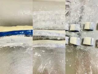 青花瓷冰皮月饼,三个长条面团粘合在一起后，再用手粉揉搓成直径5厘米粗的长条，分别下成25克一个的小面积。