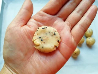 芝麻核桃一口酥,用手掌心按压一下,一个小小的一口酥就做好了。 烤箱上下管160度预热。