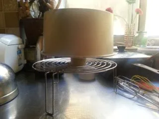 烘焙基础——戚风蛋糕,蛋糕出炉后,马上轻摔两下,倒扣在烤网上,散去热量,待蛋糕彻底冷却后,即可脱模。