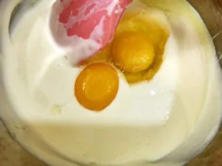 芝士控最爱的蔓越莓芝士条,加入一个全蛋和一个蛋黄拌匀