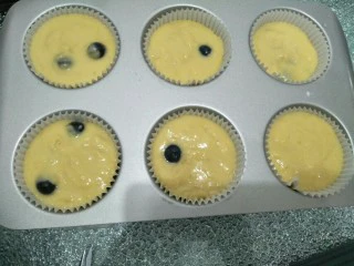 蓝莓酥粒蛋糕,挤入面糊，将面糊震平。