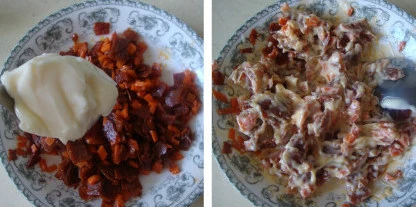 跨国混搭:意大利香肠薄饼卷,饼皮上放些生菜丝,放上拌好的香肠酱