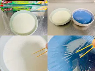 青花瓷冰皮月饼,将面浆碗盖上保鲜膜，取两个牙签扎上小洞。