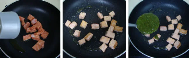 三文鱼青酱螺旋面,少量橄榄油把三文鱼煎一下,加盐、胡椒碎炒变色