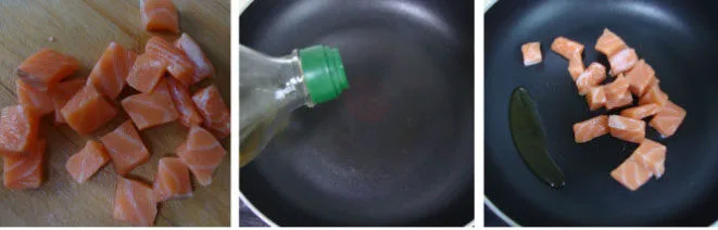 三文鱼青酱螺旋面,意面加盐煮好备用,三文鱼切小块