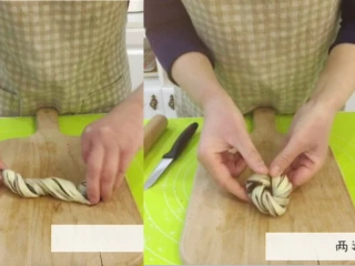 宝宝辅食：宝宝版豆沙面包卷-12M+,12、用两只手扭成螺旋状，两端对接捏紧往里收口，放入烤盘，小芽的是不沾烤盘哈，常规烤盘可以垫一张油纸。 》这里看着简单，但之前很多朋友说不好扭，特别是擀得长度不够的情况下。主要把两端对接捏紧就好，如果捏不住可以手上蘸点水让其粘在一起。