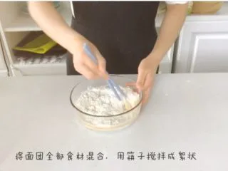 宝宝辅食：宝宝版豆沙面包卷-12M+,1、把所有面团食材混合（高筋粉、奶粉、细砂糖、鸡蛋液、牛奶/清水、玉米油、酵母），用筷子搅拌成絮状。 》因为每个品牌面粉的吸水性都不太一样，建议牛奶/清水先剩个10-20g用来调整湿度。 》如果是第一次发酵，可以先把酵母用40C左右温水融化开，静置10分钟，看表面浮起一层小泡沫再用，不要太多水，差不多20g左右的水就能化开了，还有一点结块也没有大问题的，因为用温水融化需对应减少整体食材中的液体量。