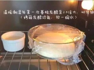 宝宝辅食：宝宝版豆沙面包卷-12M+,5、将步骤4的面团放在碗中，覆盖保鲜膜，温暖潮湿处发酵成2.5倍大，耗时差不多40分钟。可以放在笼屉上，然后在蒸锅中加入半锅40度左右的热水，盖上锅盖。也可以直接用烤箱发酵功能。 》发酵后，表面也膨胀变得更加平整。