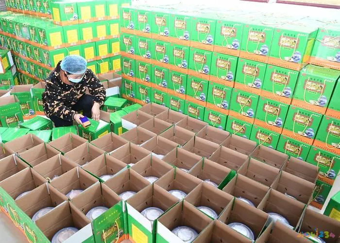   芥菜加工企业工作人员将芥菜进行打包。新华网发（韩静 摄）